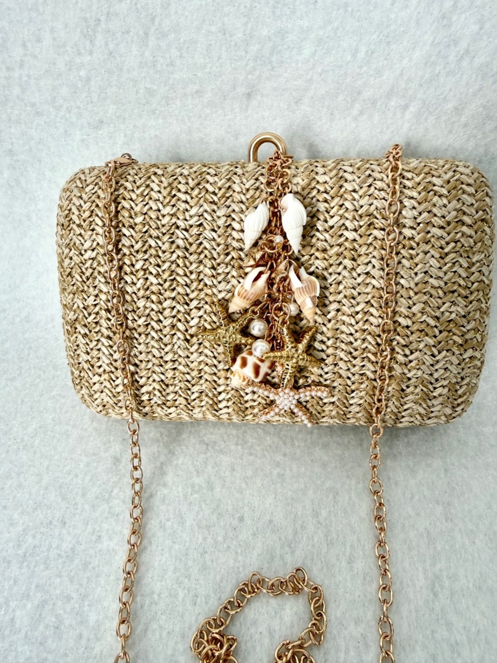 NWT Tommy Bahama Woven Straw Clutch or Shoulder Bag w/ Shells & Starfish Dangle